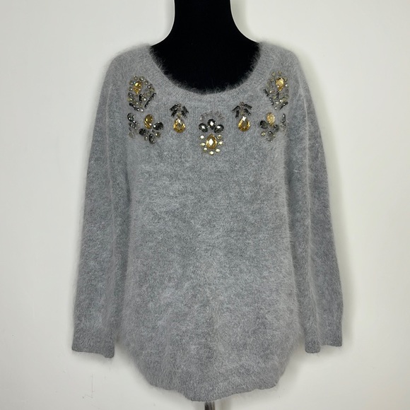 CLUB MONACO Grey Embellished Angora Rabbit Hair Crewneck...